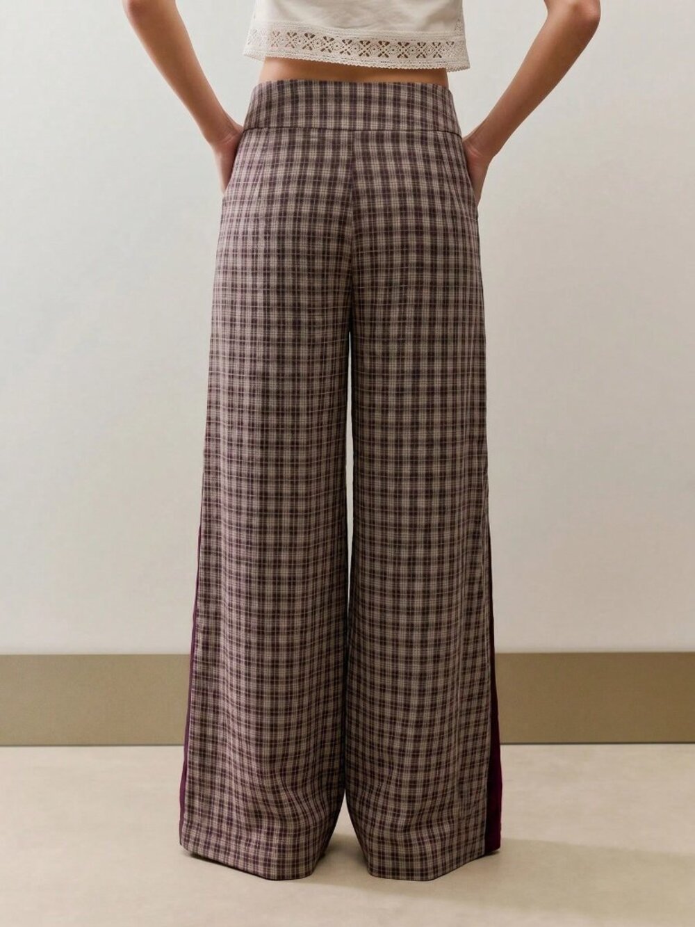 Brown Casual Women's Plaid High Waisted Wide-Leg Relaxed Fit Loose Trousers - Picture 2 of 8